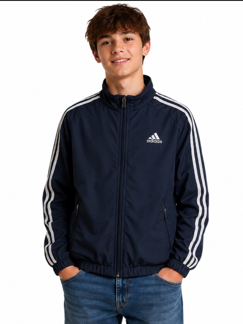Adidas Boys 3-Stripe Full Zip Track Jacket Navy Mesh Lined Size M